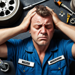 **

> A stressed aircraft mechanic with a headache, surrounded by airplane parts. Focus on the physical symptoms of stress like a tense neck and tired eyes. Include tools and equipment scattered around to emphasize the demanding work environment. Realistic style.

**