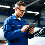 **Prompt 1: Evolution of Skills**
    A highly skilled male aircraft mechanic, wearing a clean, professional uniform with modest safety glasses, stands within a brightly lit, modern aircraft maintenance hangar. He is focused, holding a traditional wrench in one hand while simultaneously interacting with a large digital tablet displaying real-time engine diagnostics. A complex aircraft engine is partially visible in the background, with subtle digital overlays on the engine, symbolizing augmented reality. The mechanic's pose demonstrates a blend of manual expertise and advanced digital technology. He is fully clothed, in appropriate attire, modest clothing, safe for work, appropriate content, professional. The image features perfect anatomy, correct proportions, a natural pose, well-formed hands, proper finger count, and natural body proportions, captured with professional photography and high resolution.