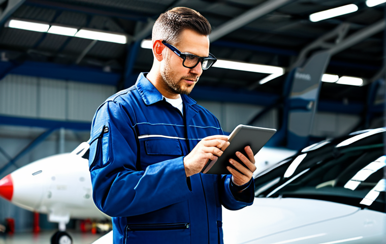 **Prompt 1: Evolution of Skills**
    A highly skilled male aircraft mechanic, wearing a clean, professional uniform with modest safety glasses, stands within a brightly lit, modern aircraft maintenance hangar. He is focused, holding a traditional wrench in one hand while simultaneously interacting with a large digital tablet displaying real-time engine diagnostics. A complex aircraft engine is partially visible in the background, with subtle digital overlays on the engine, symbolizing augmented reality. The mechanic's pose demonstrates a blend of manual expertise and advanced digital technology. He is fully clothed, in appropriate attire, modest clothing, safe for work, appropriate content, professional. The image features perfect anatomy, correct proportions, a natural pose, well-formed hands, proper finger count, and natural body proportions, captured with professional photography and high resolution.