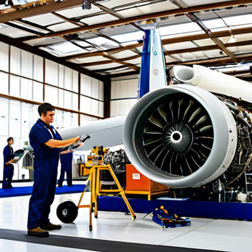 Aircraft Maintenance Training Facility**

"A modern aviation training facility interior, featuring students in appropriate attire working on aircraft engines, perfect anatomy, well-formed hands, fully clothed, safe for work, professional environment, lots of training equipment, daytime, bright lighting, family-friendly, appropriate content. Includes a cutaway engine model for demonstration. Natural pose, correct proportions."

**