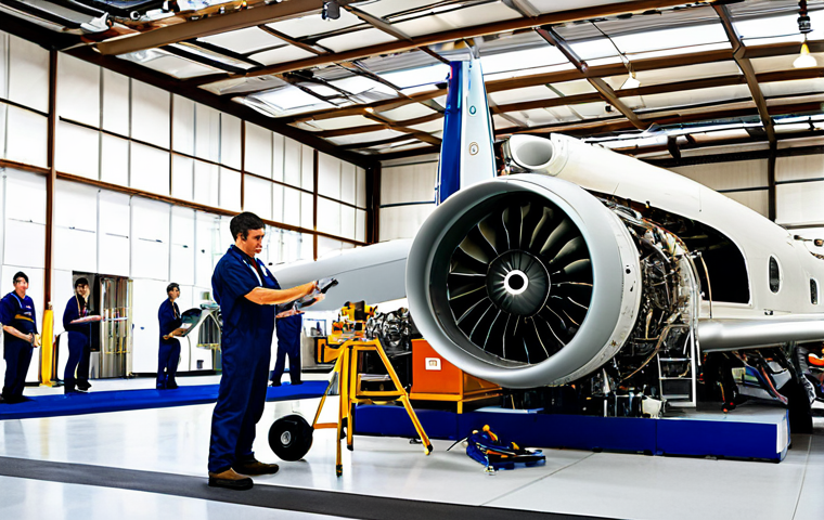 Aircraft Maintenance Training Facility**

"A modern aviation training facility interior, featuring students in appropriate attire working on aircraft engines, perfect anatomy, well-formed hands, fully clothed, safe for work, professional environment, lots of training equipment, daytime, bright lighting, family-friendly, appropriate content. Includes a cutaway engine model for demonstration. Natural pose, correct proportions."

**