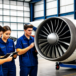 Aircraft Maintenance Training**

"A diverse group of aviation maintenance students in a modern hangar, fully clothed in professional work attire, inspecting an aircraft engine. The setting includes various tools and equipment. Focus on collaboration and learning, perfect anatomy, correct proportions, safe for work, appropriate content, family-friendly."

**