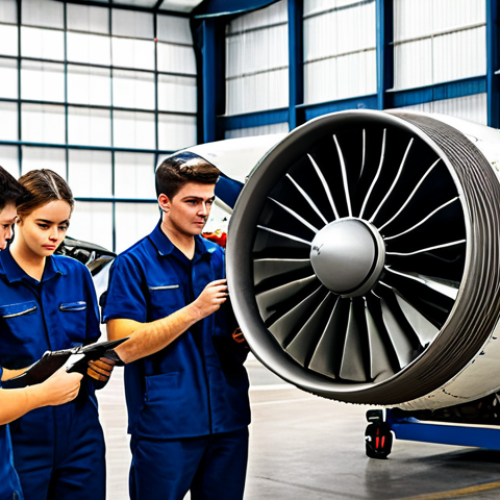Aircraft Maintenance Training**

"A diverse group of aviation maintenance students in a modern hangar, fully clothed in professional work attire, inspecting an aircraft engine. The setting includes various tools and equipment. Focus on collaboration and learning, perfect anatomy, correct proportions, safe for work, appropriate content, family-friendly."

**