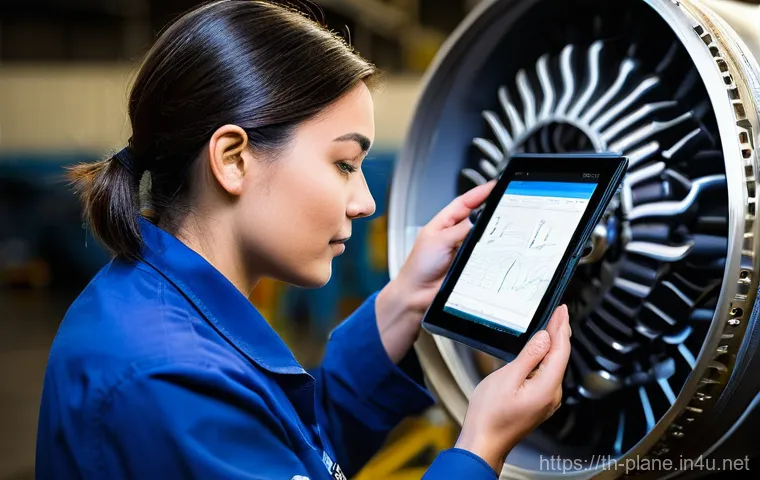 항공정비사의 정비 매뉴얼 분석 - **Image Prompt: "The Precision Reader"**
A highly skilled and focused female aircraft mechanic, ...