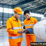Home 22 항공정비사와 외국어 능력 - A detailed scene inside a modern aircraft maintenance hangar in Thailand, showing a diverse team of ...