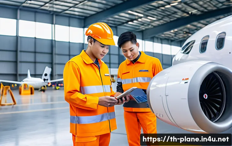 항공정비사와 외국어 능력 - A detailed scene inside a modern aircraft maintenance hangar in Thailand, showing a diverse team of ...