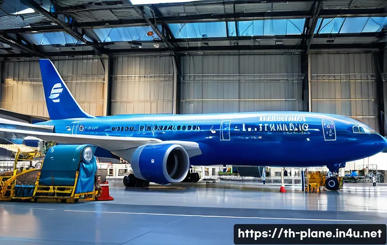 항공정비사와 기체 손상 복구 - A highly detailed scene inside an aircraft maintenance hangar at a busy Bangkok airport, showing ski...