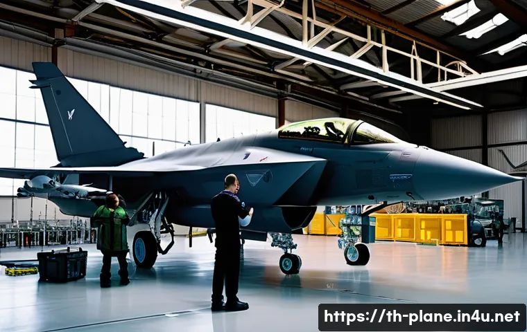 항공정비사와 군용 항공기 정비 - A highly detailed scene inside a military aircraft maintenance hangar, showing a diverse team of tec...