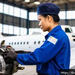 Home 18 항공정비사 자격시험 응시 조건 - A professional aircraft maintenance technician wearing a clean, navy-blue uniform with safety gloves...