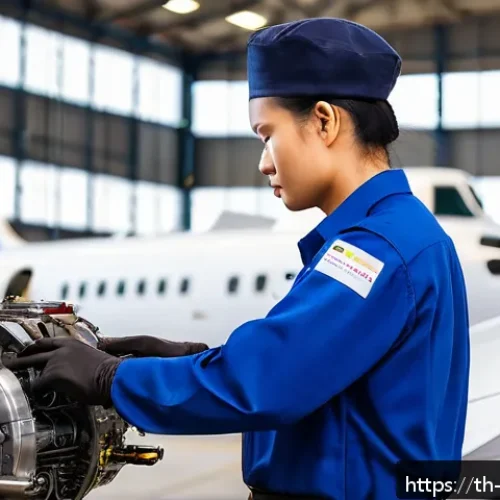 Home 30 항공정비사 자격시험 응시 조건 - A professional aircraft maintenance technician wearing a clean, navy-blue uniform with safety gloves...