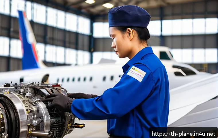 항공정비사 자격시험 응시 조건 - A professional aircraft maintenance technician wearing a clean, navy-blue uniform with safety gloves...