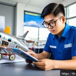 Home 23 항공정비사 자격증 취득 과정 - A detailed scene of a young Thai aviation maintenance trainee in a modern classroom, attentively stu...