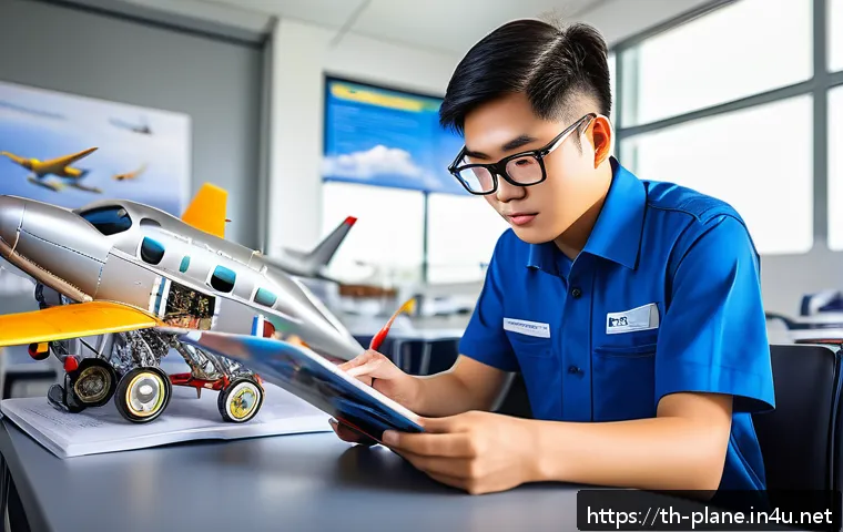 항공정비사 자격증 취득 과정 - A detailed scene of a young Thai aviation maintenance trainee in a modern classroom, attentively stu...