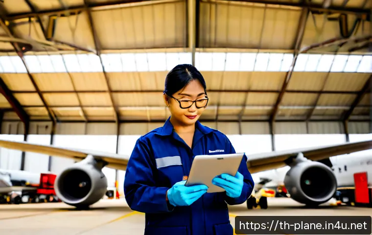 항공정비사의 경력 관리 방법 - Photorealistic aircraft maintenance technician in a modern Thai airport hangar, wearing clean navy c...